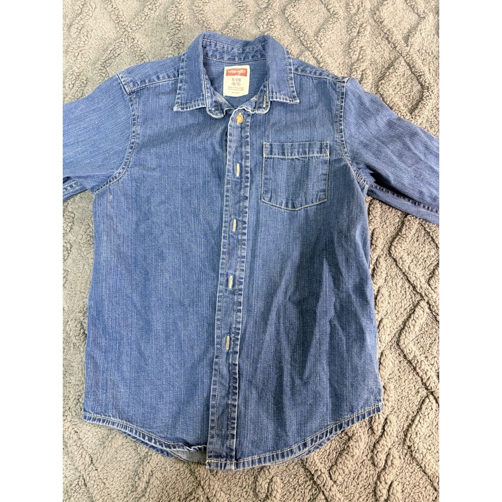 Wrangler Jeans Co Boys Blue Jeans Long Sleeve Button-Down Shirt Size S (6/7) - Picture 4 of 4